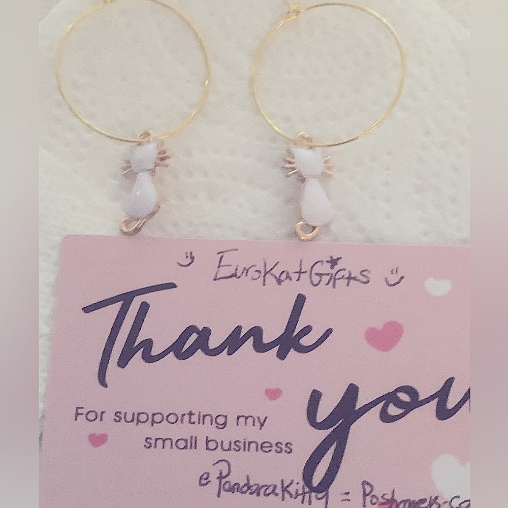 Hand Crafted Gold Hoop Earrings with White Cat Charms NEW - Picture 5 of 6